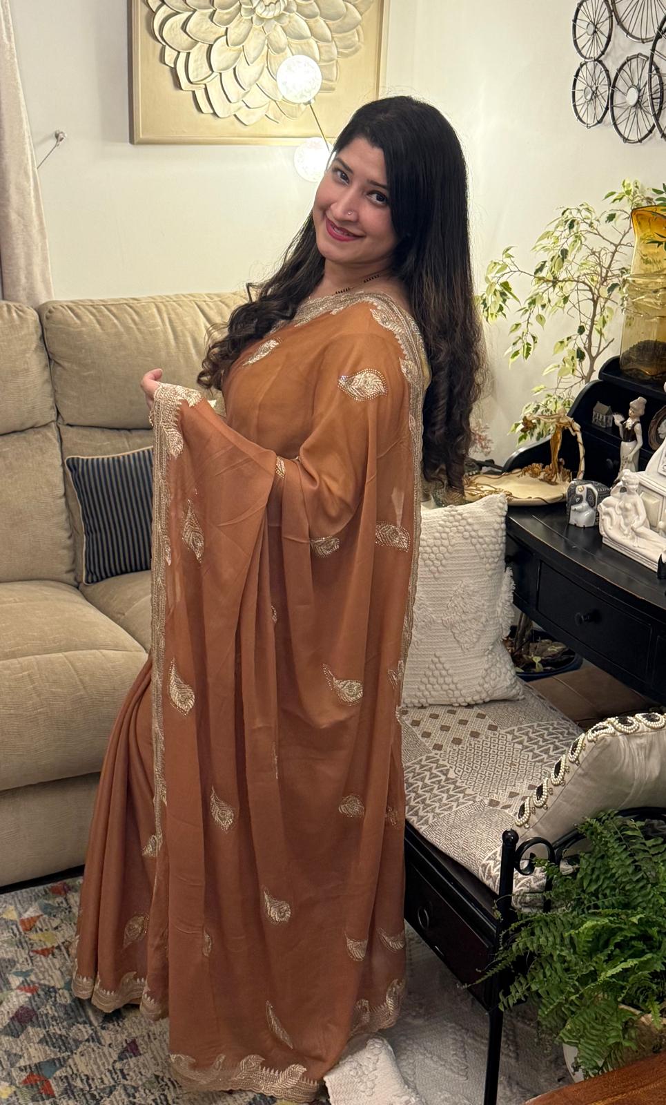 Earthy Brown Zari Embroidered Chiffon Saree £55