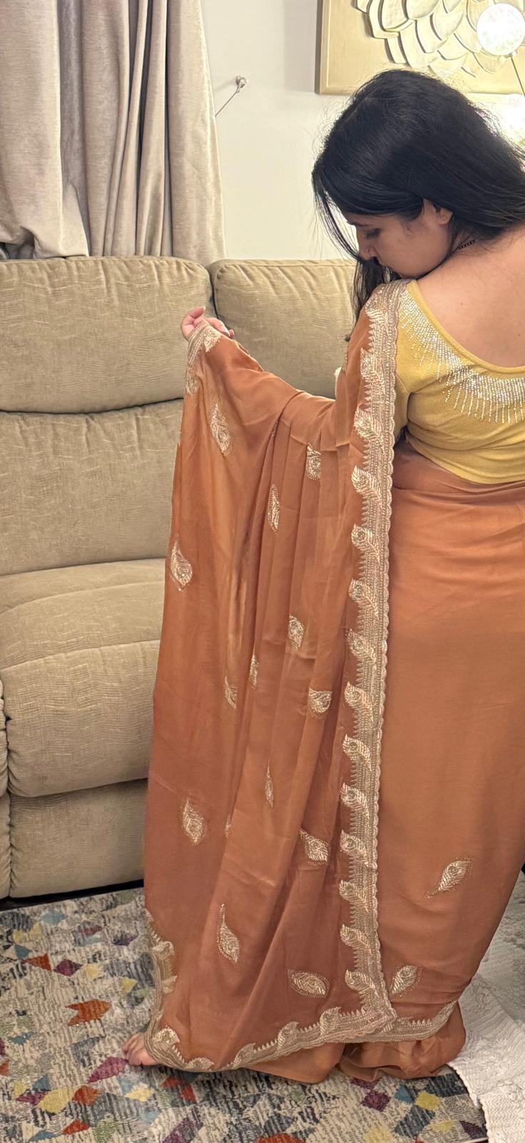 Earthy Brown Zari Embroidered Chiffon Saree £55
