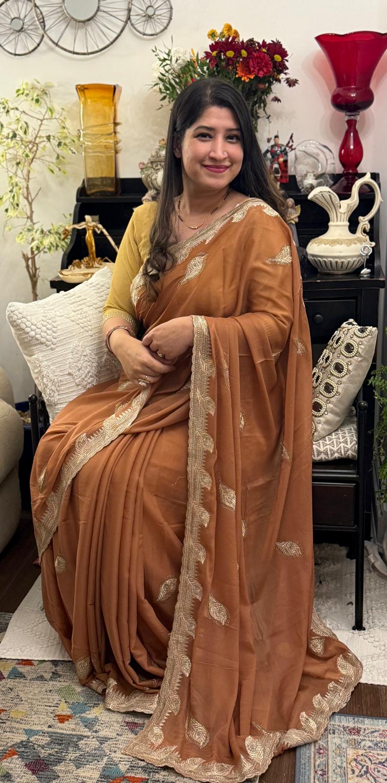 Earthy Brown Zari Embroidered Chiffon Saree £55