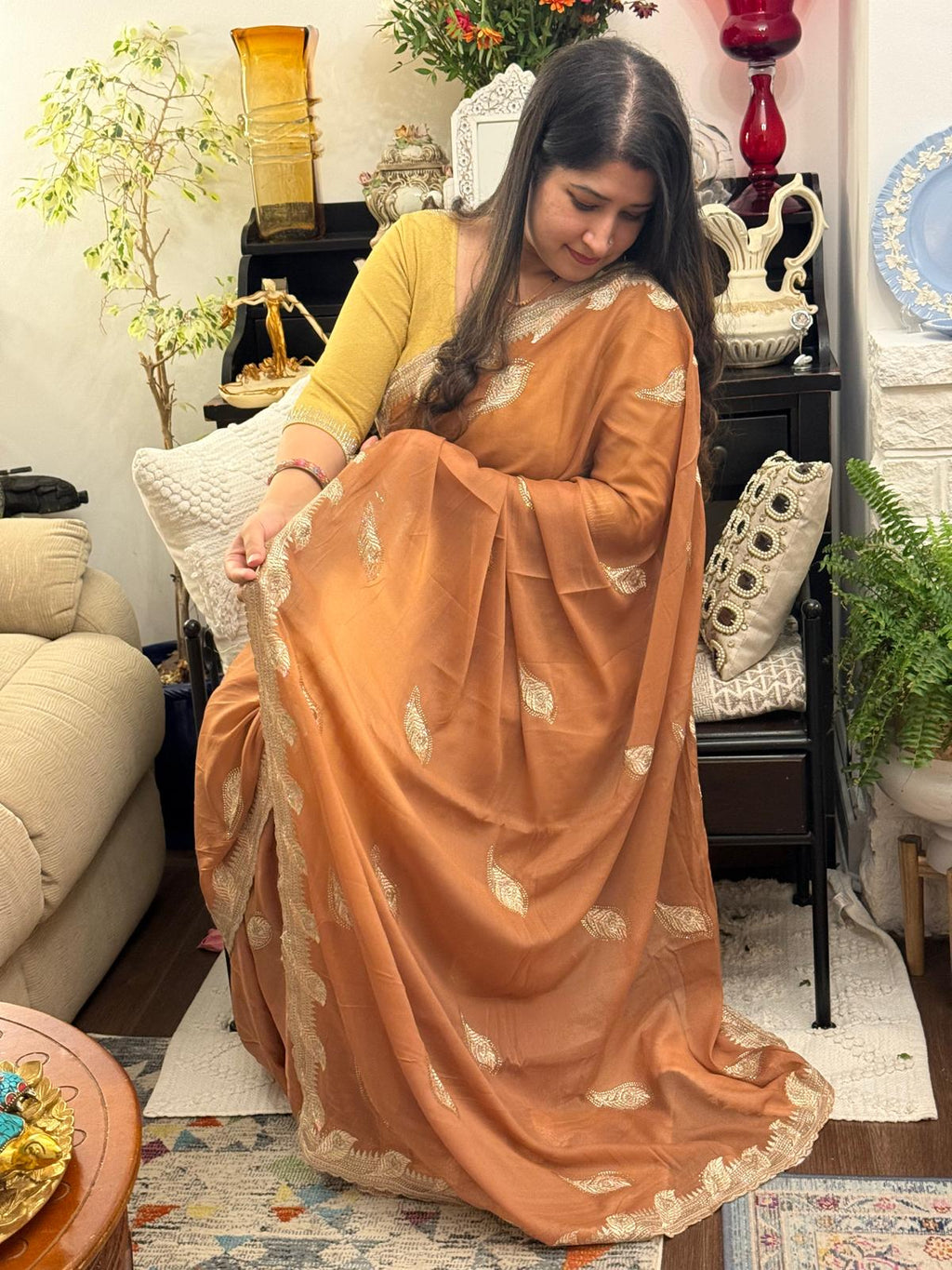 Earthy Brown Zari Embroidered Chiffon Saree £55