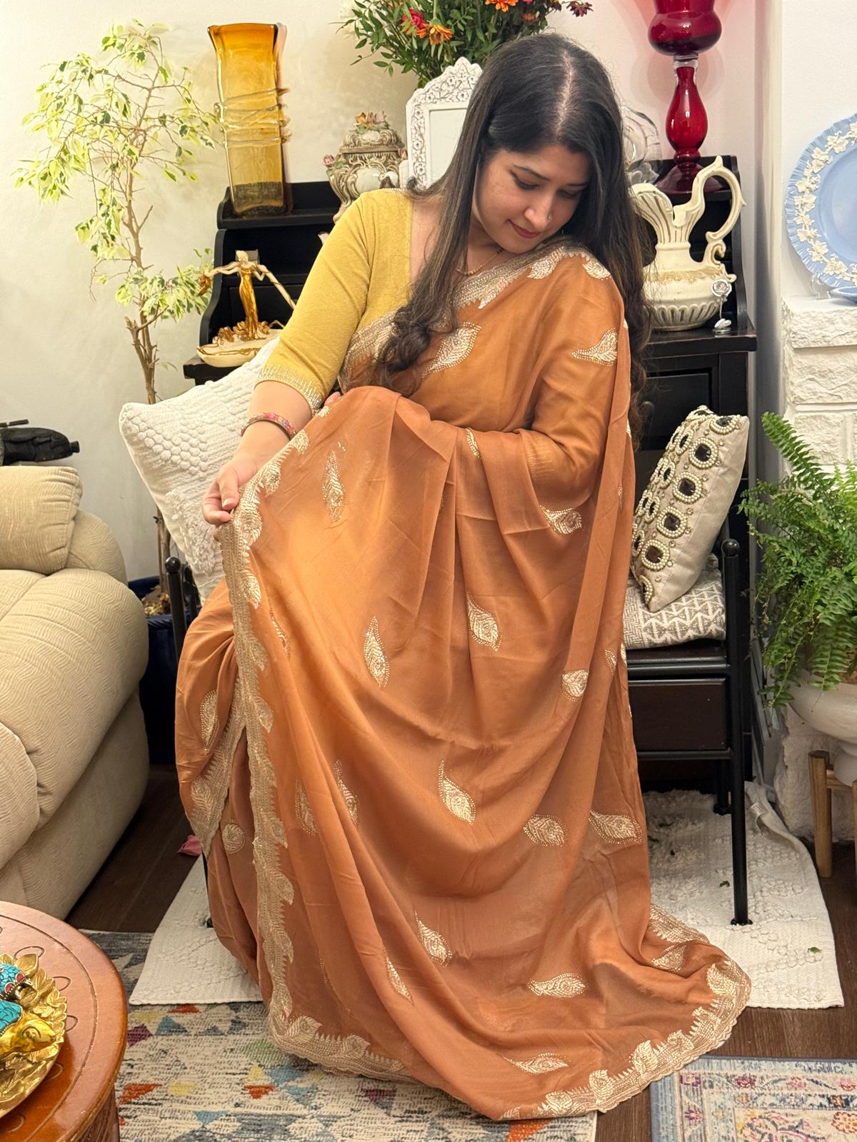 Earthy Brown Zari Embroidered Chiffon Saree £55