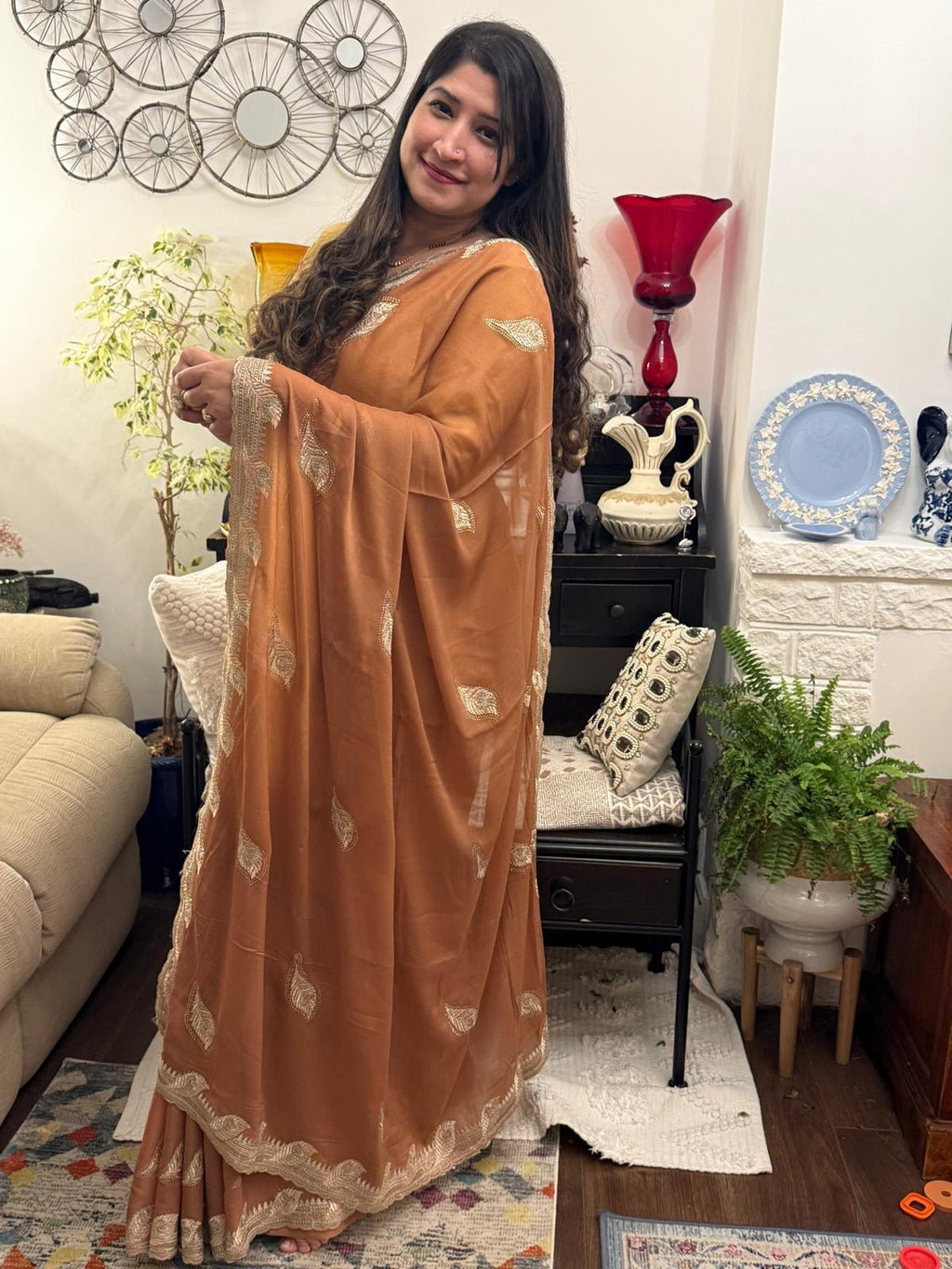 Earthy Brown Zari Embroidered Chiffon Saree £55
