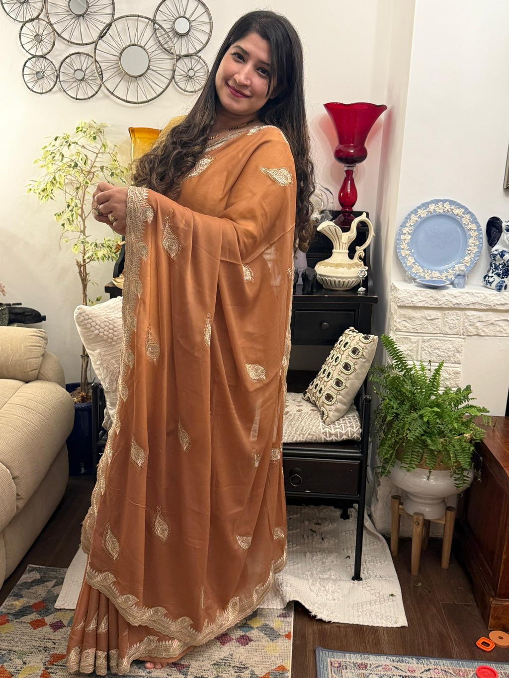 Earthy Brown Zari Embroidered Chiffon Saree £55