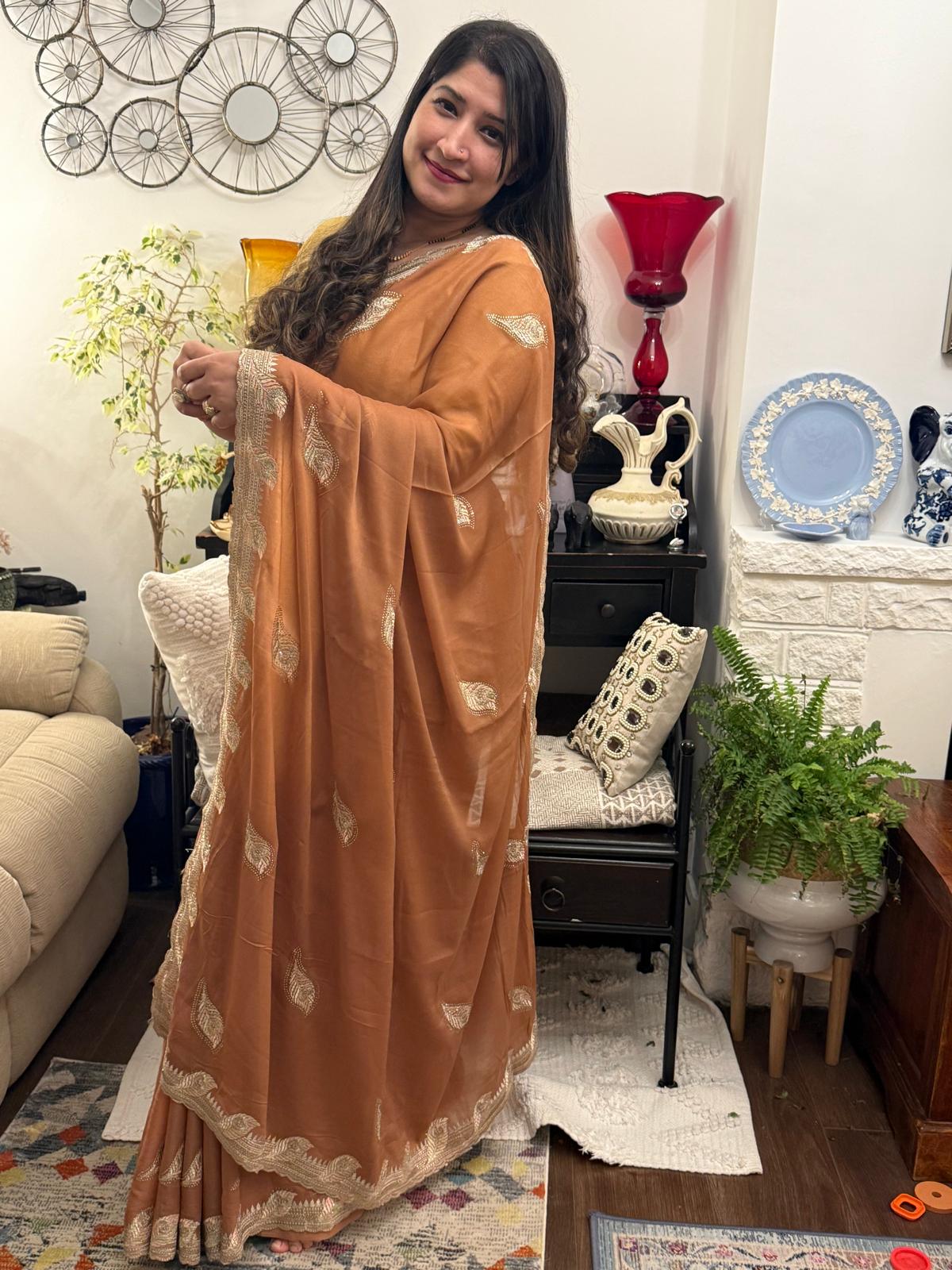 Earthy Brown Zari Embroidered Chiffon Saree £55