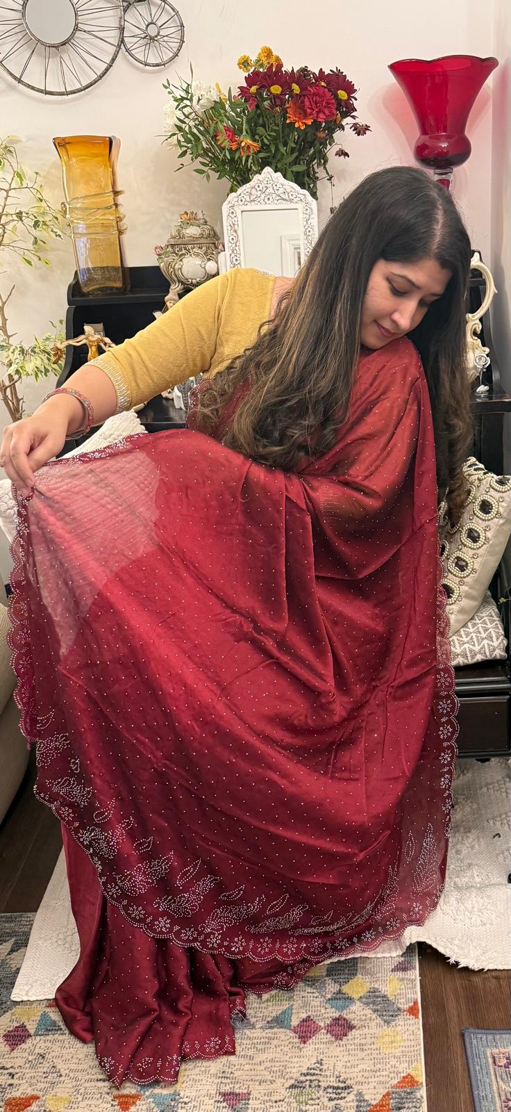 Deep red chiffon with siroski work.Colour of emotions and love. Beautiful and light £55