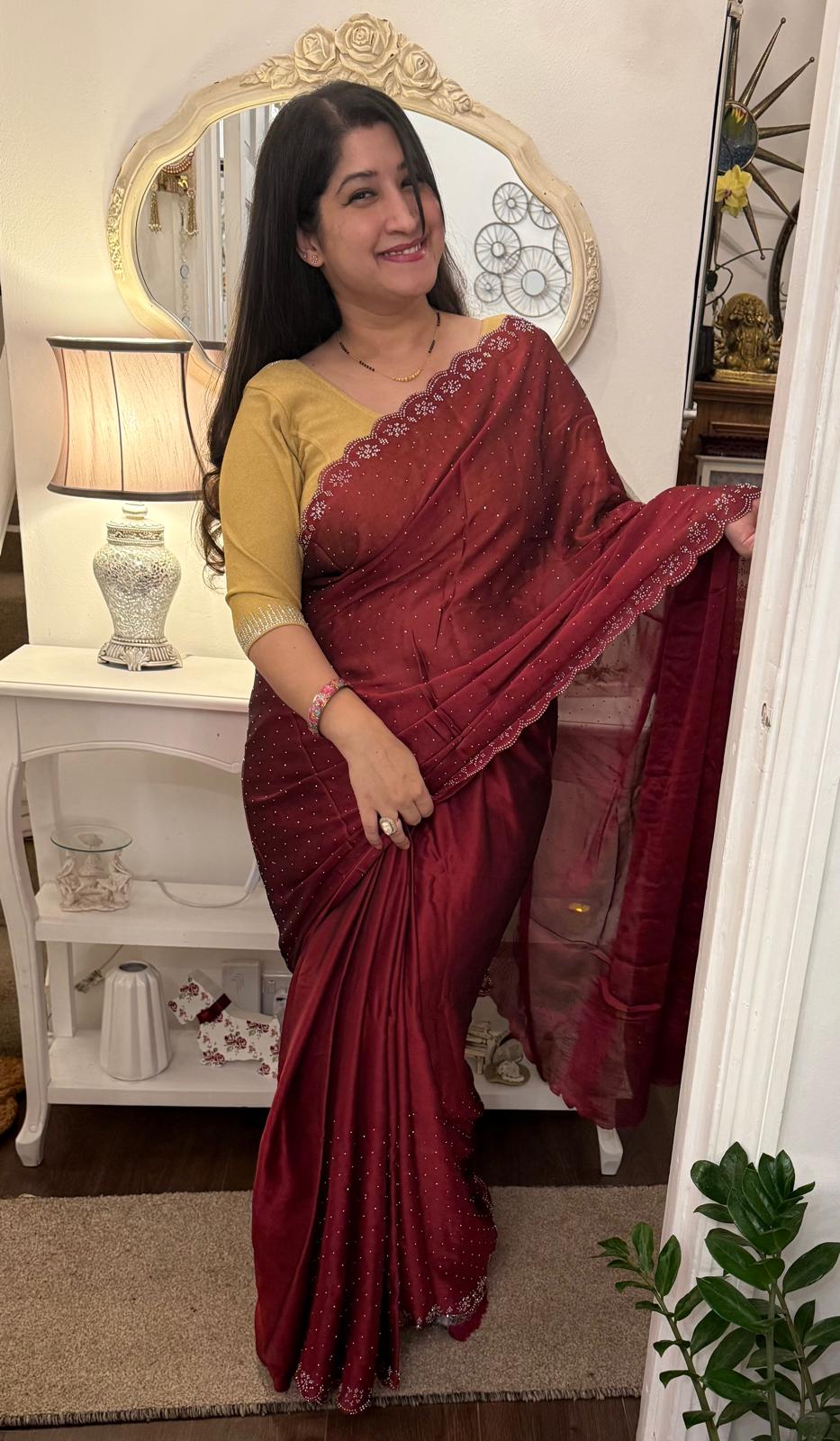Deep red chiffon with siroski work.Colour of emotions and love. Beautiful and light £55
