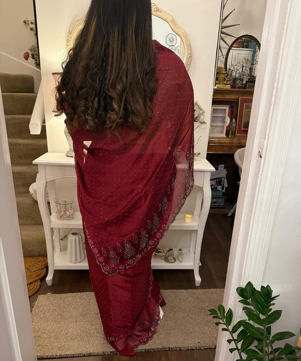 Deep red chiffon with siroski work.Colour of emotions and love. Beautiful and light £55