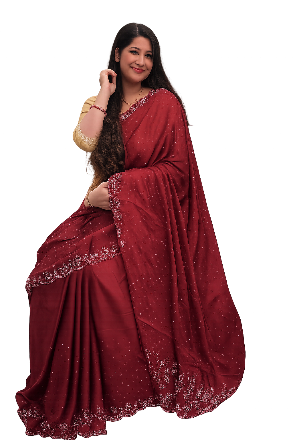 Deep red chiffon with siroski work.Colour of emotions and love. Beautiful and light £55