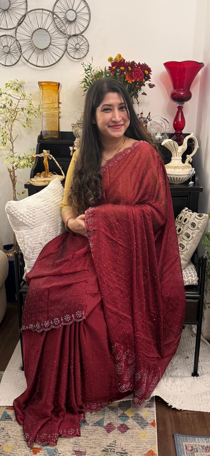 Deep red chiffon with siroski work.Colour of emotions and love. Beautiful and light £55