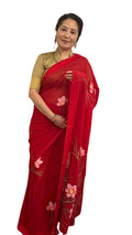 Scarlet red hand painted saree, adorned with delicate floral artwork with smooth satin border,this saree feels light,fluid and effortlessly elegant £45