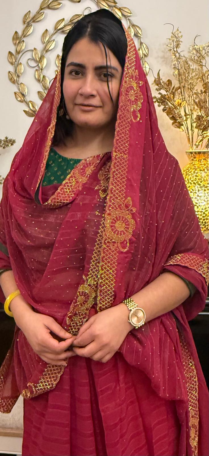 Ruby red chiffon saree with delicate gold stonework.Effortlessly elegant and exquisitely beautiful.It celebrates the devine  grace and timeless beauty of womanhood £60