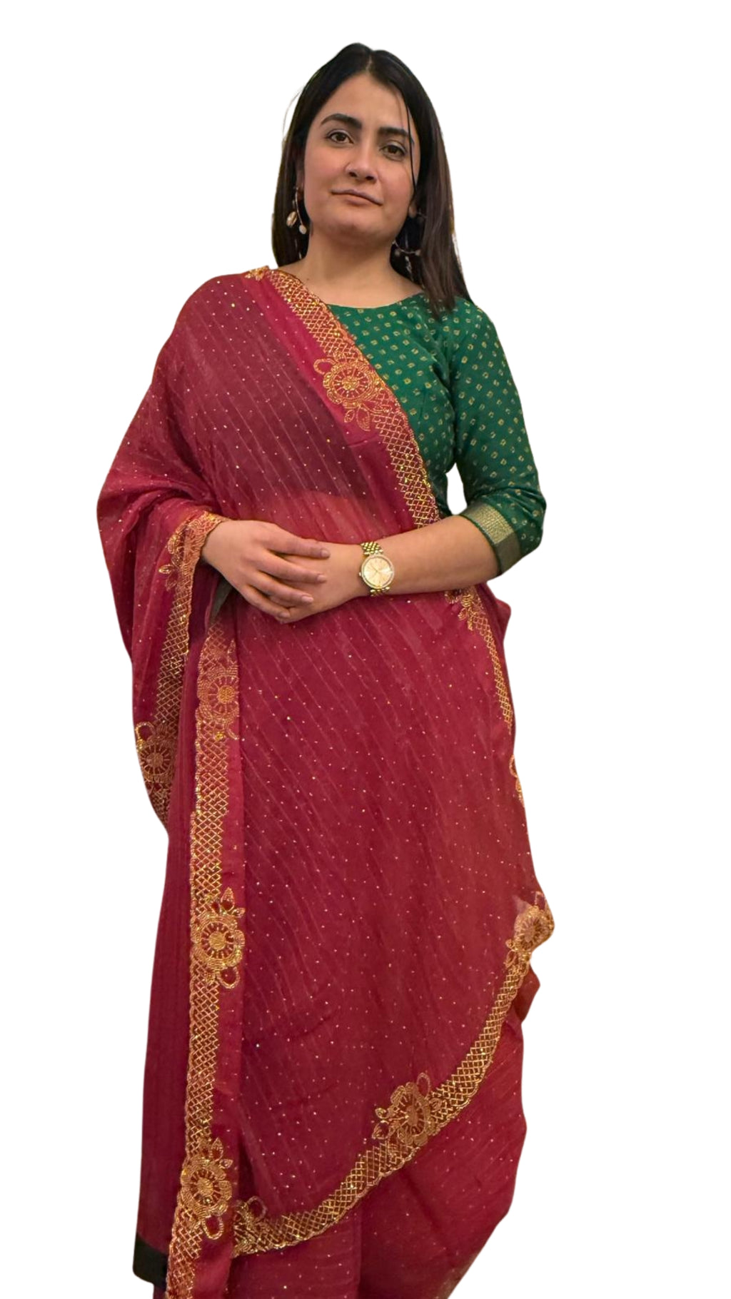 Ruby red chiffon saree with delicate gold stonework.Effortlessly elegant and exquisitely beautiful.It celebrates the devine  grace and timeless beauty of womanhood £60