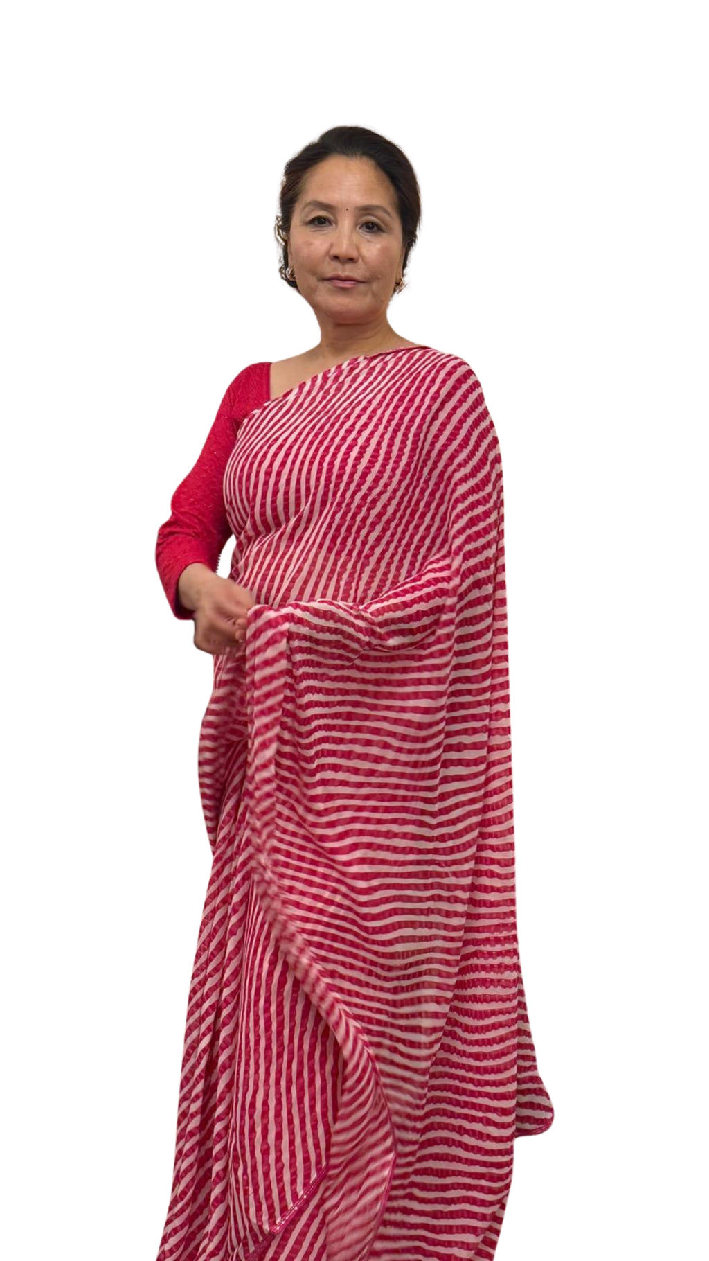 A feather light hot pink chiffon, adorned with elegant oblique lines, exuding effortless grace and contemporary charm  £30