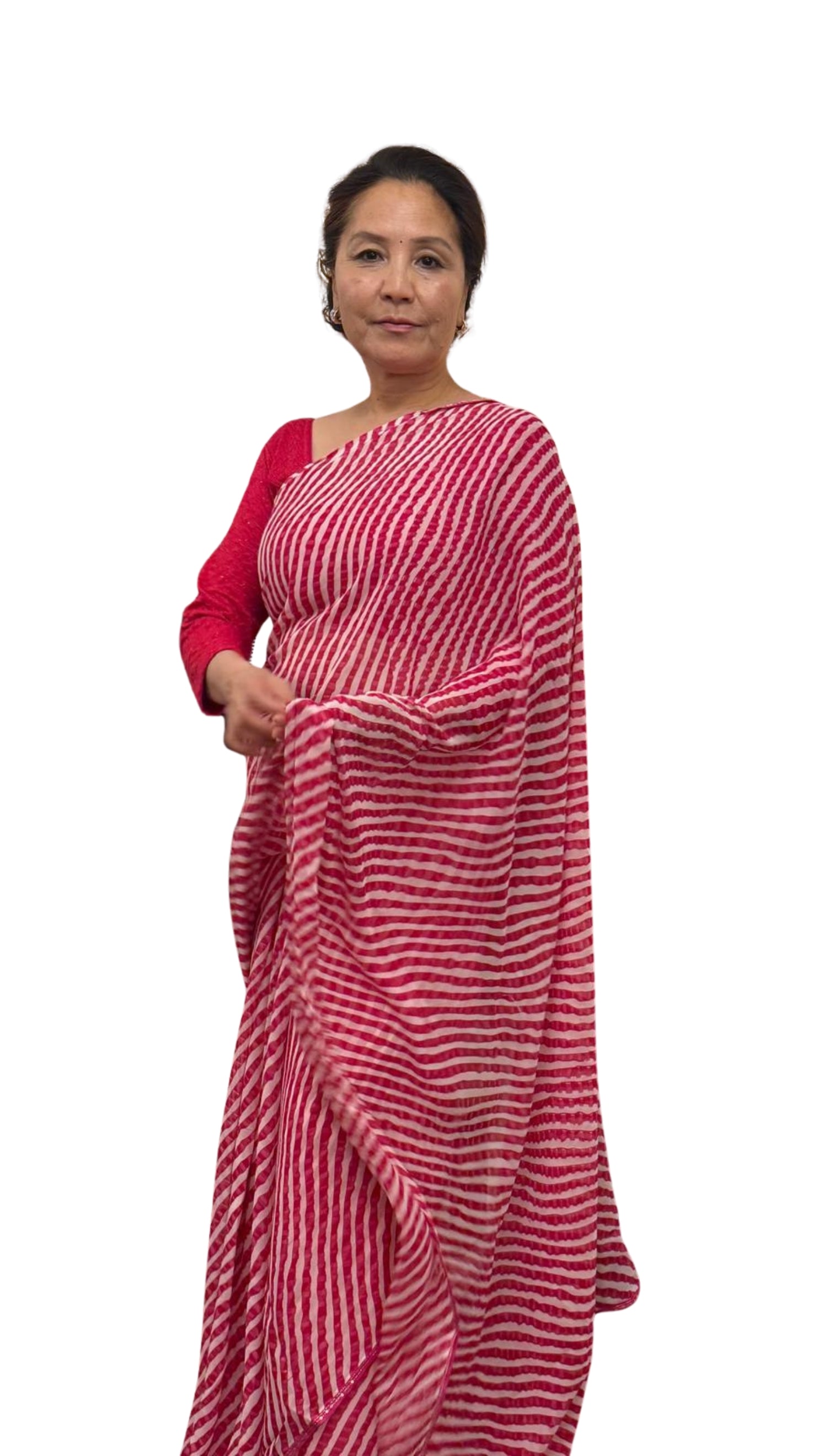 A feather light hot pink chiffon, adorned with elegant oblique lines, exuding effortless grace and contemporary charm  £30