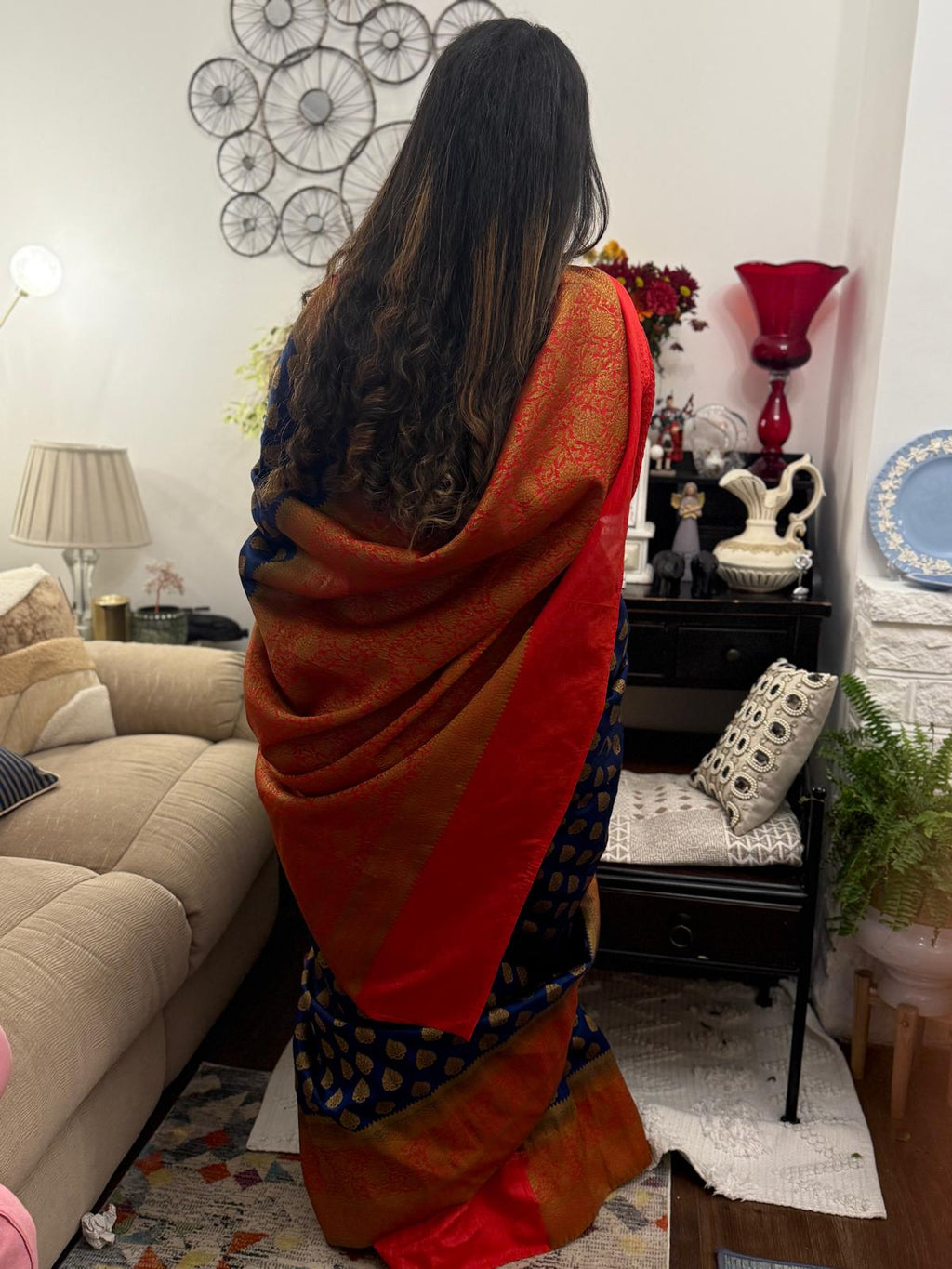 A raw silk sari in royal blue with beautiful motifs in zarikari. A combination of red and blue makes this saree  elegant and vibrant at the same time £70