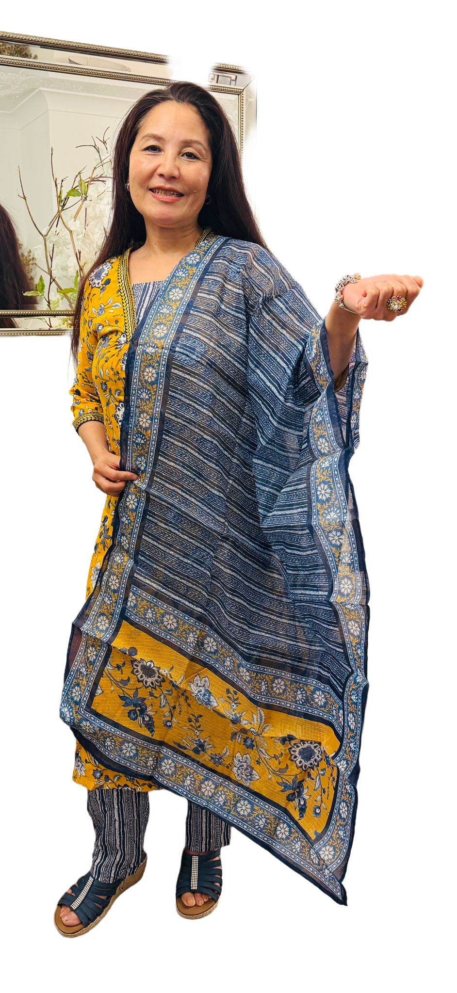 A pure cotton salwar suit in a graceful combination of warm amber and soothing shades of blue £40