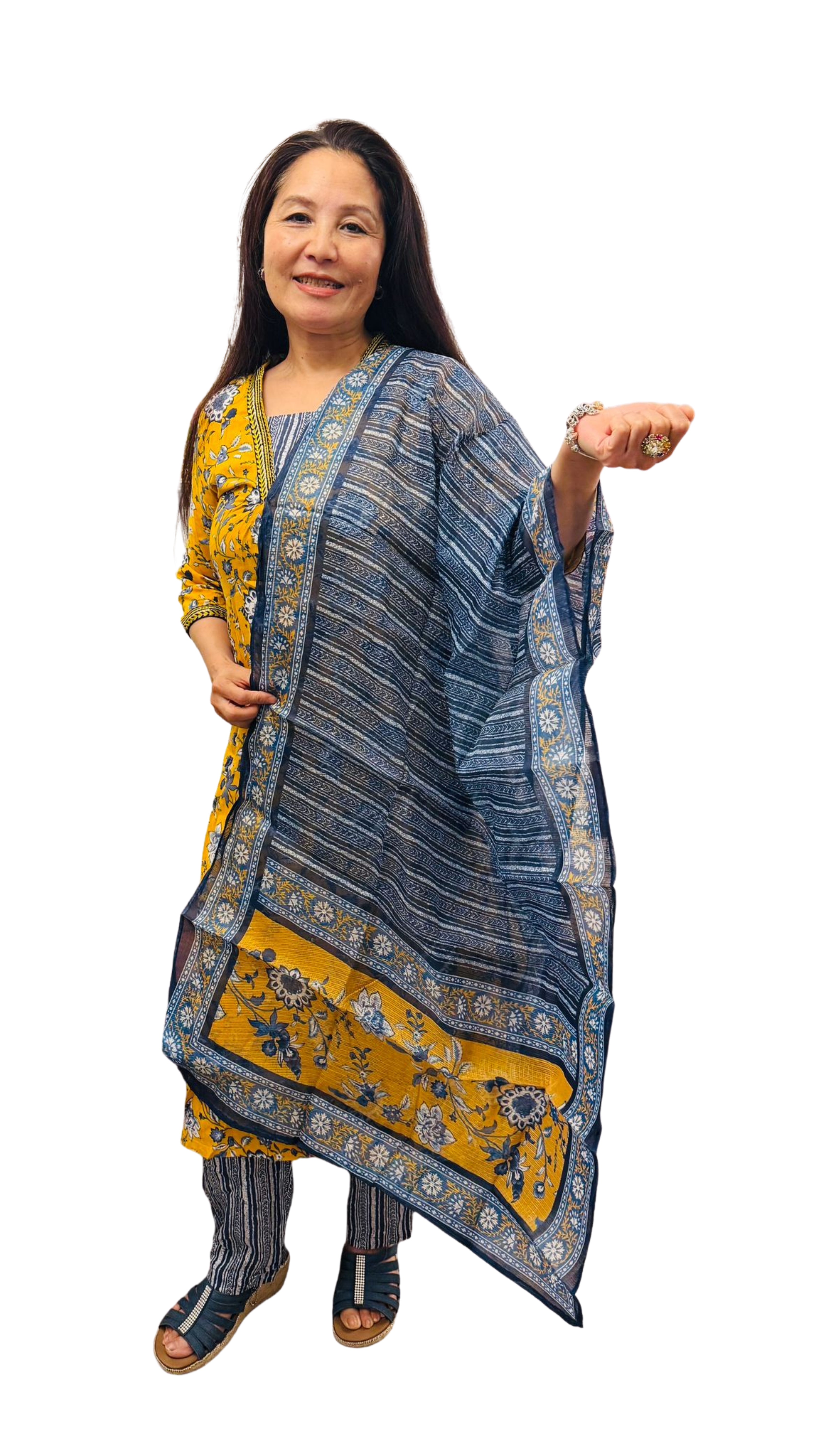 A pure cotton salwar suit in a graceful combination of warm amber and soothing shades of blue £40