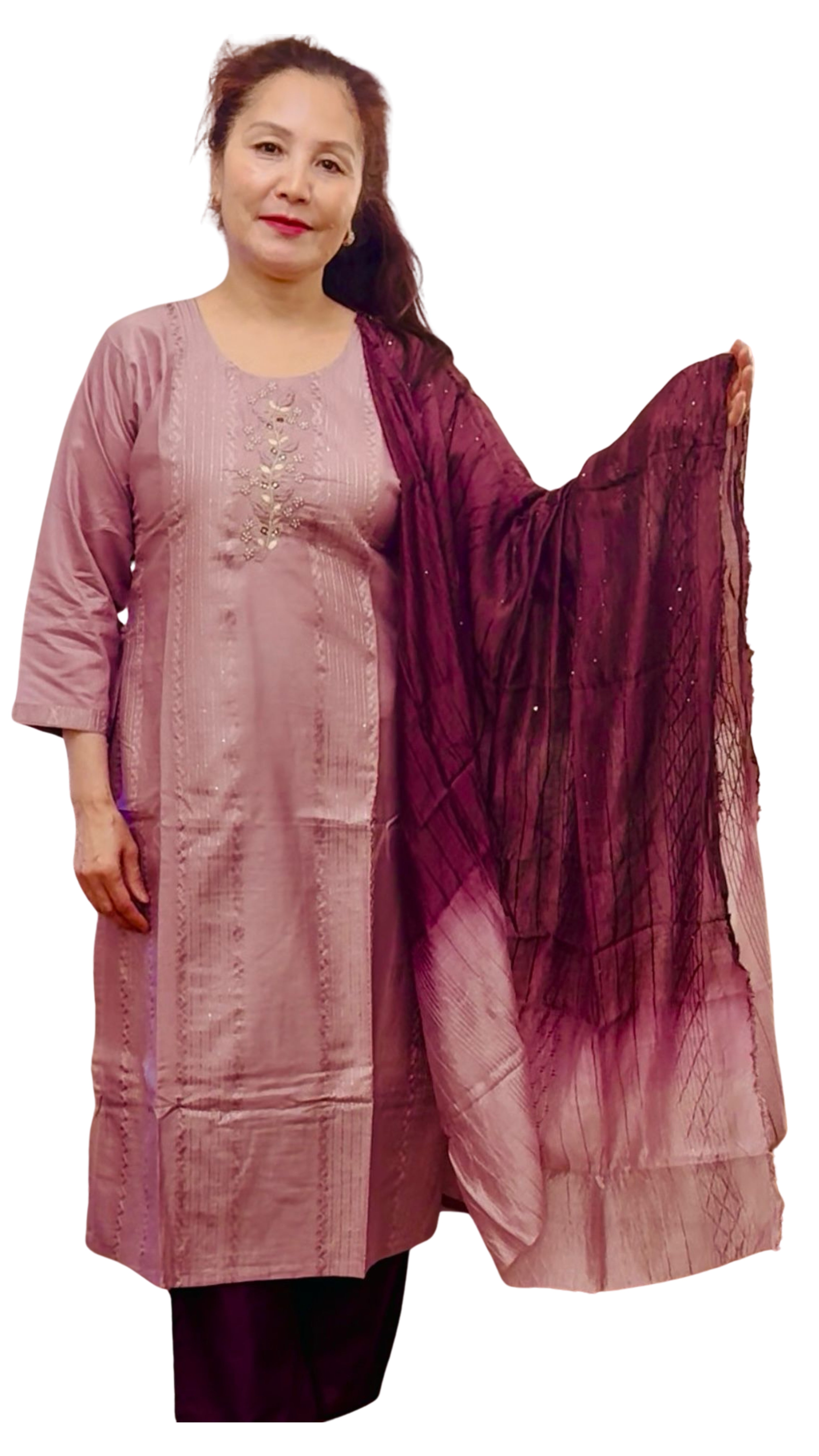 A graceful silk suit in a beautiful blend of soft heather and rich cheery tones. £50