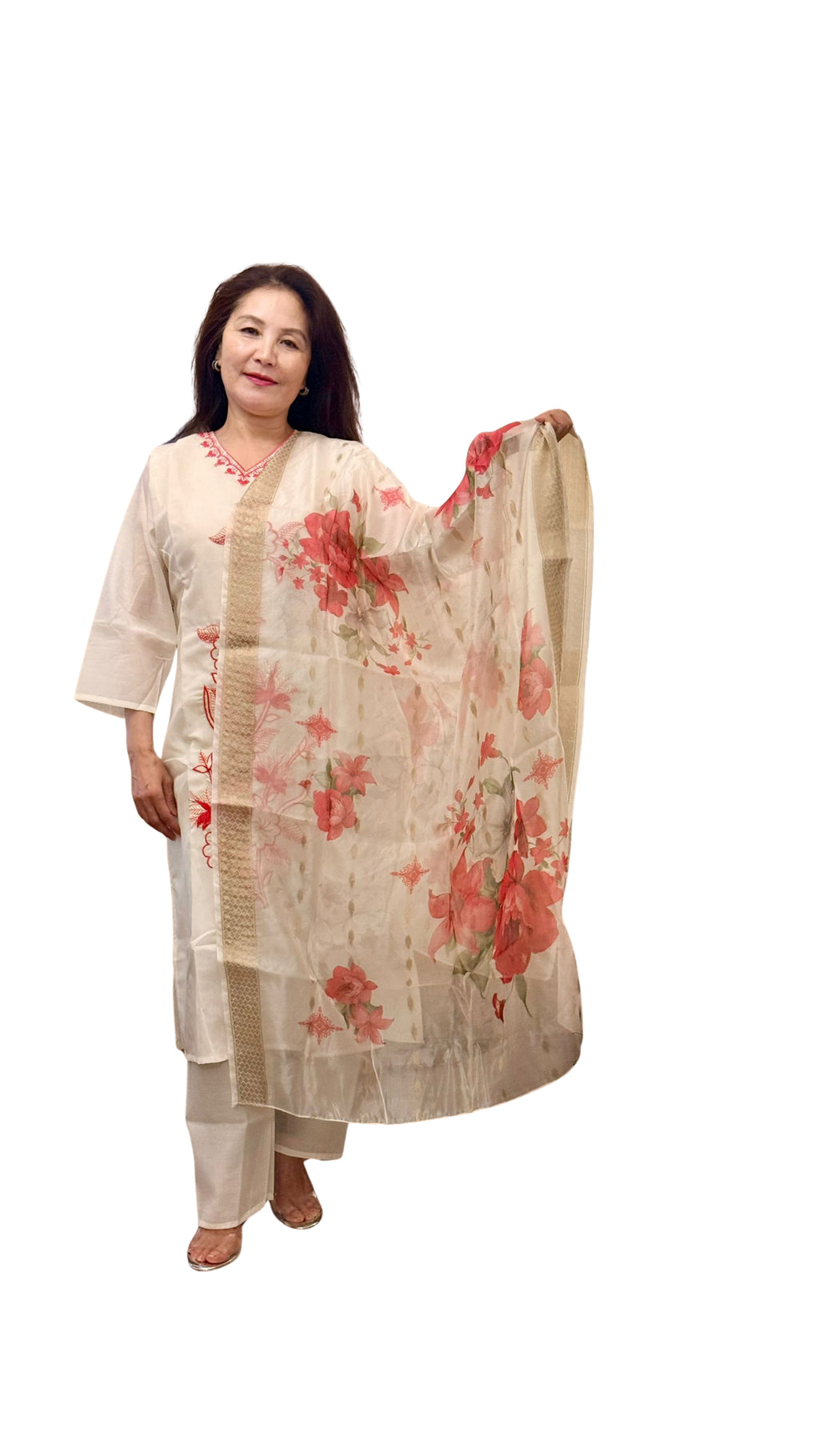 Set against an off-white backdrop,this ensemble is brought to life with radiant lipstick red embroidery and delicate floral patterns. £30