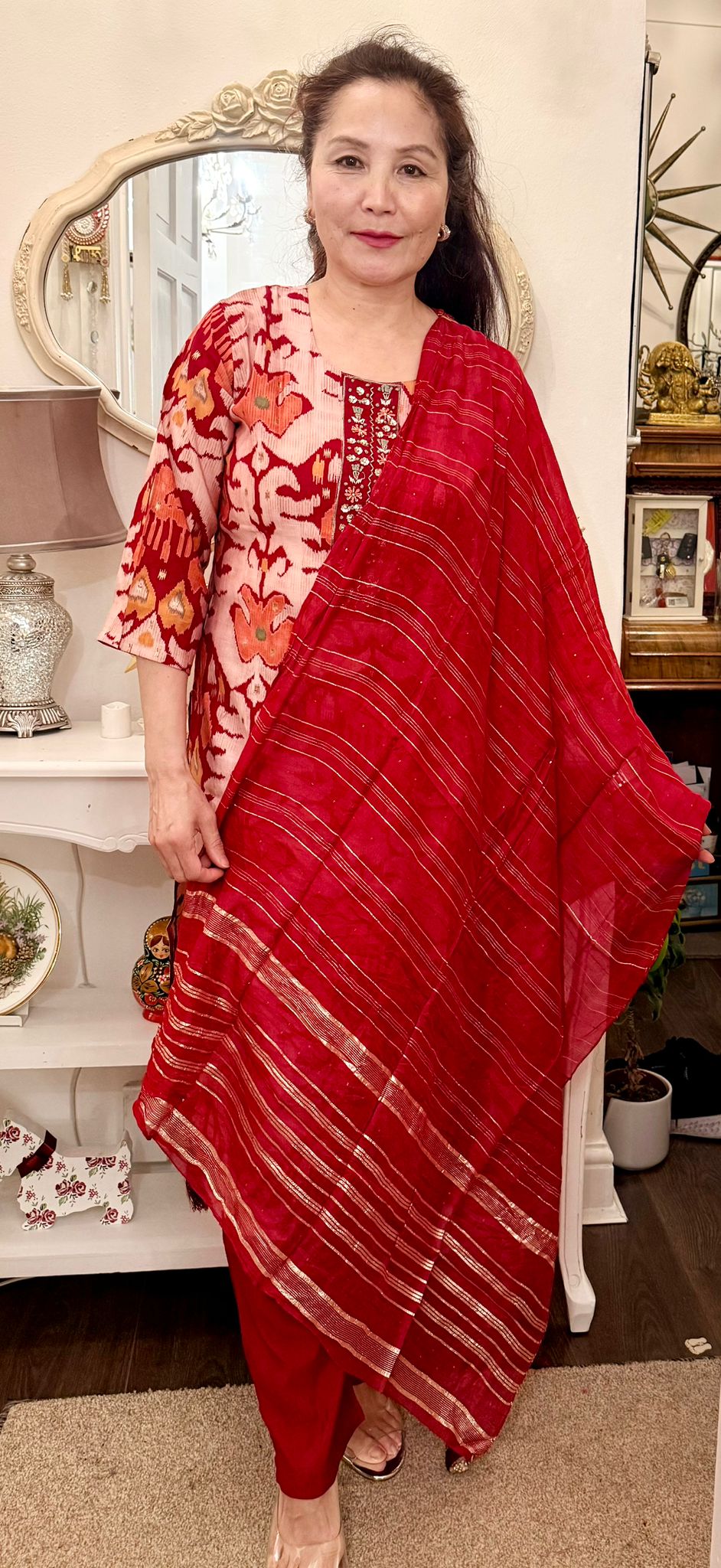 In rich cherry red damask linen, this ensemble radiates vibrant beauty and timeless elegance.The bold hue carries a spark of Divine allure. £45