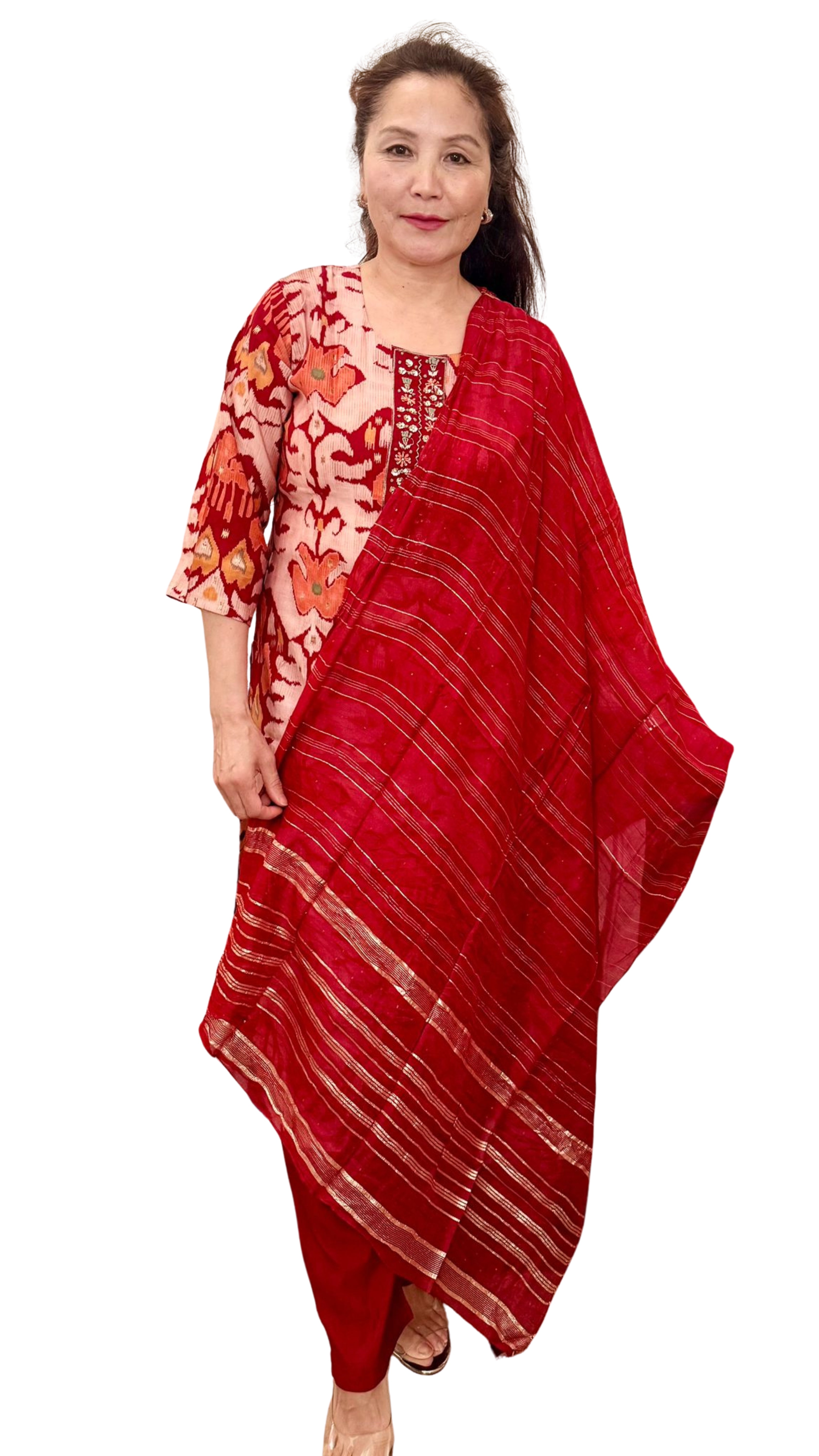 In rich cherry red damask linen, this ensemble radiates vibrant beauty and timeless elegance.The bold hue carries a spark of Divine allure. £45