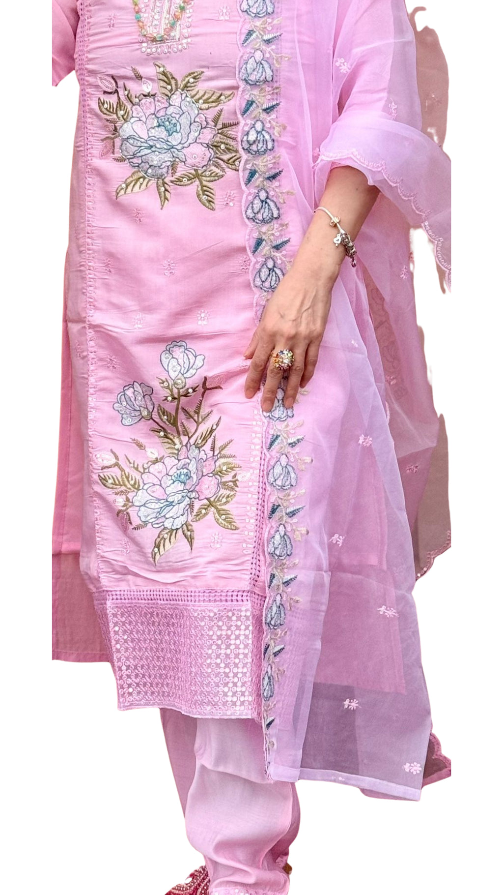 Crafted in rich blush pink silk and detailed with exquisite embroidery, this ensemble represents refined sophistication. The lightweight tissue shawl enhances the look with its delicate shine,creating a harmonious blend of elegance and feminine grace. £45
