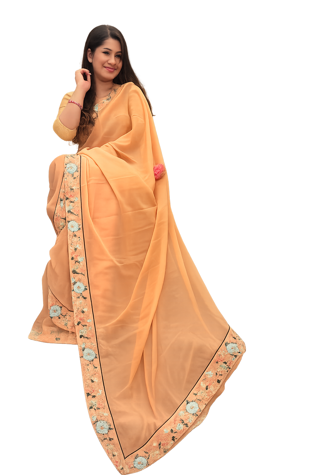 Peach satin ciffon, with embroidered border £55